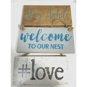 Set of 3 Wooden Signs Wall Hanging Decor Farmhouse Rustic Love Welcome Nest Blue